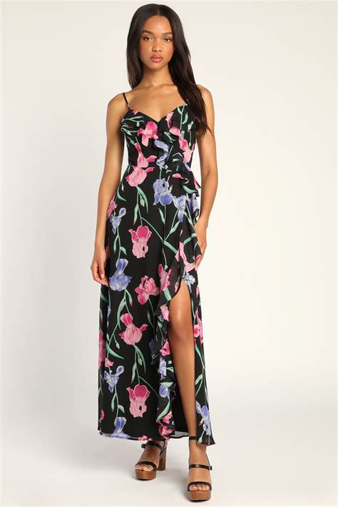 Black Floral Maxi Dress Ruffled Maxi Dress Sleeveless Dress Lulus