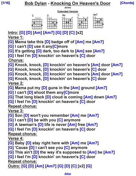 Bob Dylan Knocking On Heavens Door Guitar Chords And Lyrics Lyrics And Chords Song Lyrics