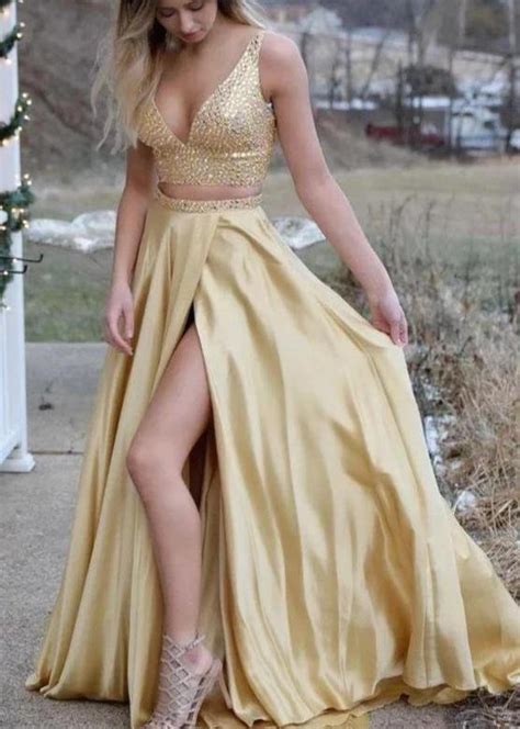 Sexy A Line V Neck Yellow Satin Beaded Long Two Piece Prom Dress