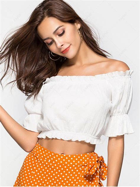 22 OFF 2021 Ruffle Off The Shoulder Crop Top In WHITE ZAFUL