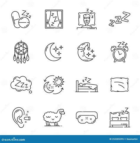 Sleep Icons Night Dreams Bedtime Pillow And Moon Stock Vector