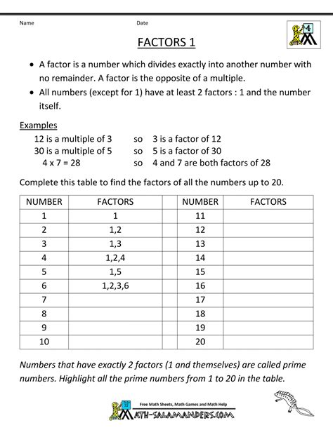 Multiples And Factors Worksheet Grade 4