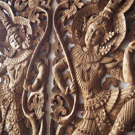 Pair Of Handcrafted Wall Hangings Of Thai Angels Siam Sawadee