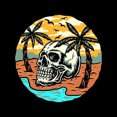 Skull Summer Beach T Shirt Graphic Design Hand Drawn Line With Digital