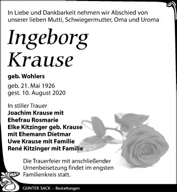 Traueranzeigen Von Ingeborg Krause Trauer Anzeigen De