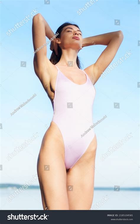 Sexy Brunette Pink Swimsuit Poses Against Stock Photo Shutterstock