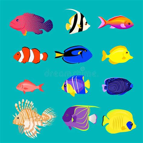 Sistema Del Dise O Del Color De Los Pescados De Mar Plano Ilustraci N