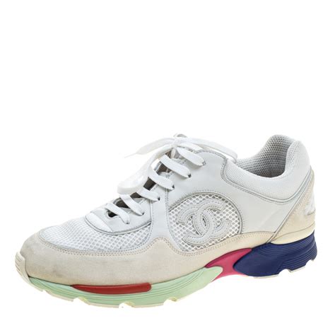 Chanel White Mesh And Leather Cc Multicolor Sole Lace Up Sneakers Size