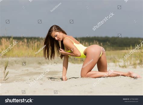 Side View Slim Brunette Wearing Trendy Stock Photo