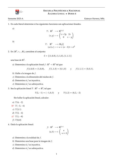 Deber 4 ESCUELA POLITÉCNICA NACIONAL ÁLGEBRA LINEAL DEBER 4