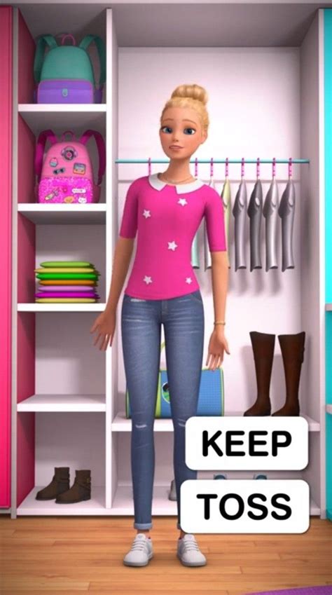 A Barbie Doll Standing In Front Of A Closet With Clothes On Shelves And