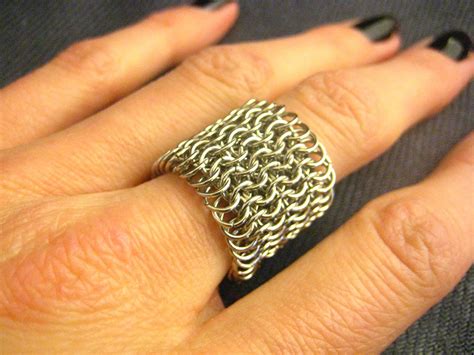 Wide Mesh Ring Chainmaille Finger Armor Etsy Chainmaille Rings