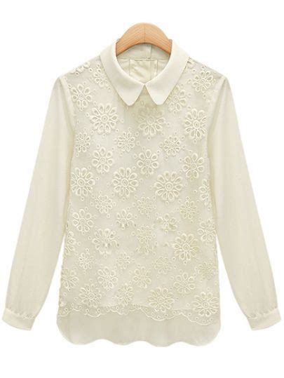 White Lapel Long Sleeve Lace Chiffon Blouse Chiffon