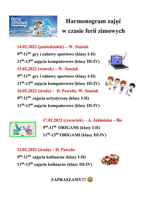 Harmonogram zajęć w czasie ferii zimowych Publiczna Szkoła Podstawowa