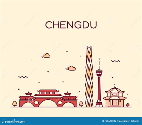 Chengdu Skyline Sichuan China Vector Linear Style Stock Vector - Illustration of city, design ...