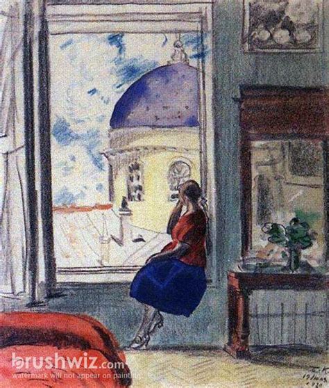 Interior The Female Figure At The Window By Boris Kustodiev Oil