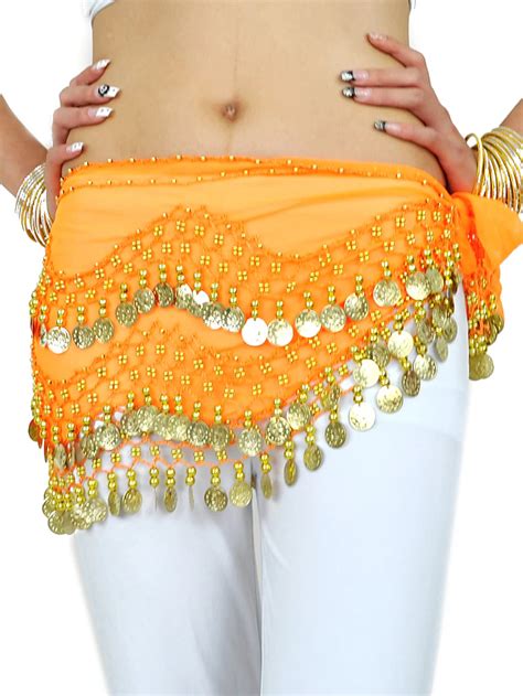 Belly Dance Hip Scarf Coin Beading Womens Training Chiffon