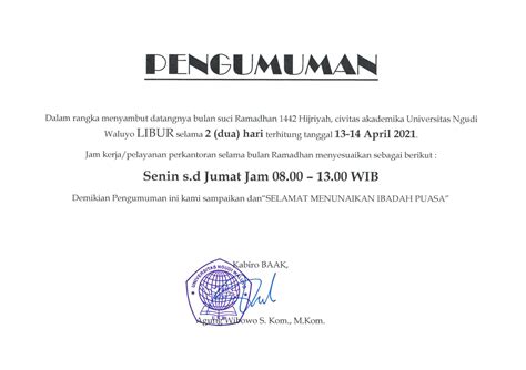 PENGUMUMAN JAM KERJA DAN PELAYANAN PERKANTORAN SELAMA BULAN RAMADHAN