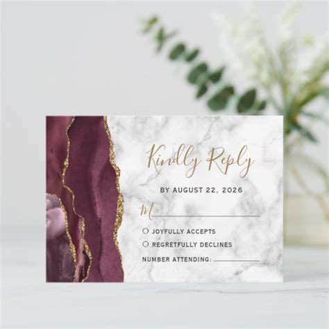 Modern Burgundy Gold Agate Marble Wedding RSVP Card Zazzle