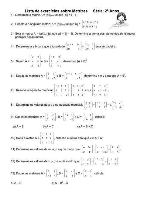 Lista de exercícios sobre matrizes série PDF