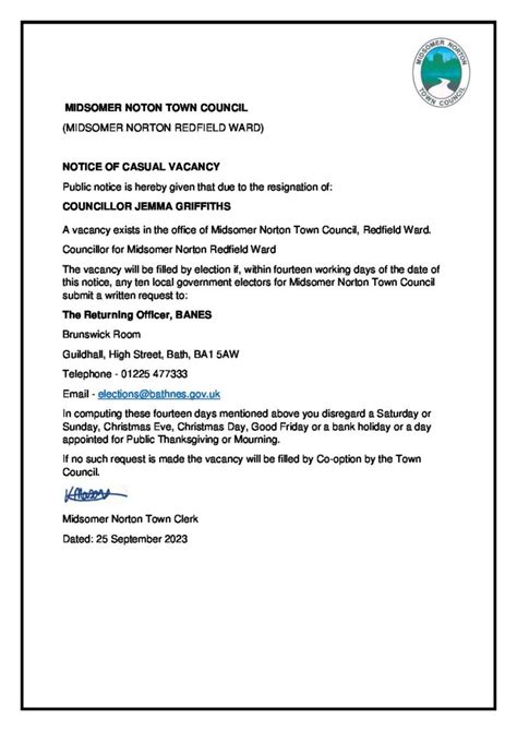 Notice Of Vacancy In Office Of Councillor Midsomer Norton Town Council