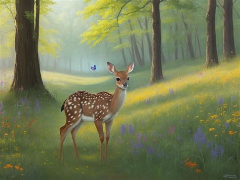 Premium Photo A Painting Of A Fawn In A Forest With Flowers And A