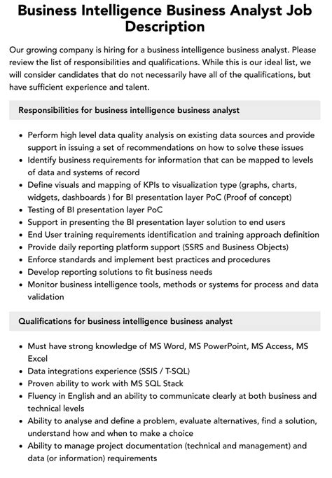 Business Intelligence Business Analyst Job Description Velvet Jobs