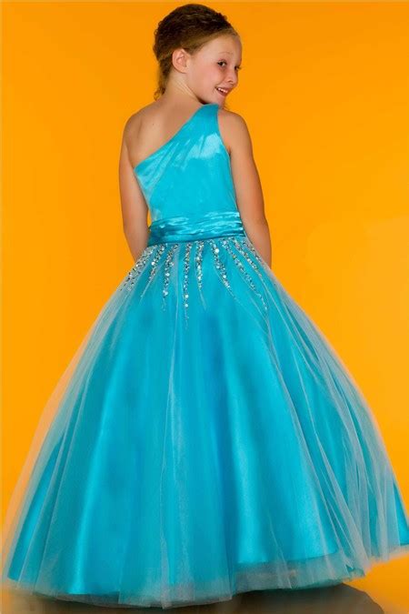 Ball Gown One Shoulder Blue Turquoise Tulle Beaded Flower Girl Evening