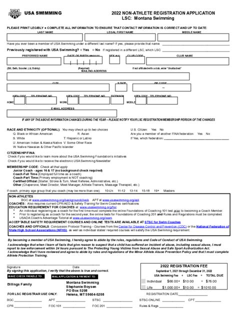 Fillable Online Usa Swimming Non Athlete Registration Application