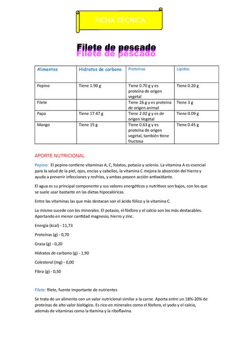 Ficha Tecnica Apuntes Alimentos Hidratos De Carbono Proteínas