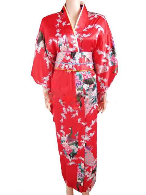 Red Japanese Women S Silk Satin Kimono Yukata Evening Dress Haori Kimono With Obi Peafowl One