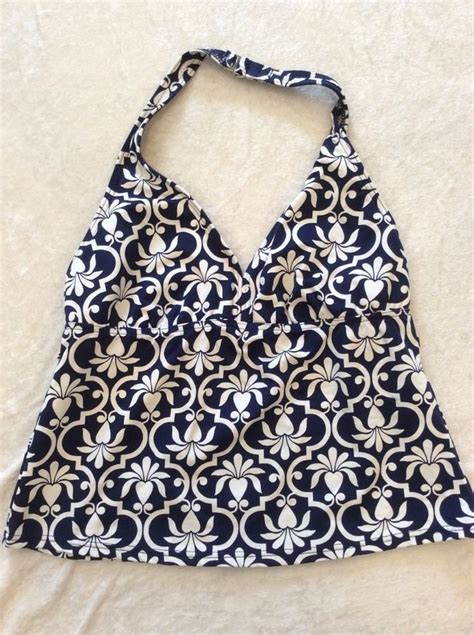 Lands End 8 Tankini Swimsuit Top Navy Blue Floral Halter Tankini