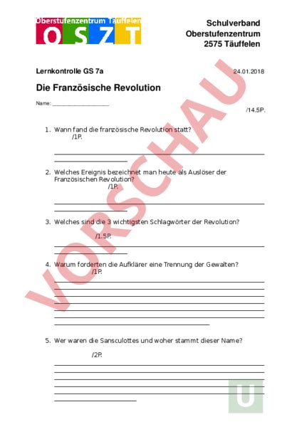 Arbeitsblatt Test französische Revolution Geschichte Gemischte Themen