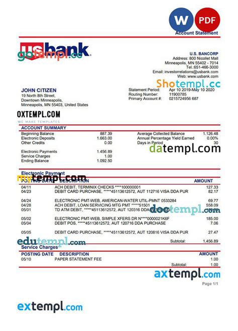 Doctempl USA Bancorp Bank Proof Of Address Statement Template In Word