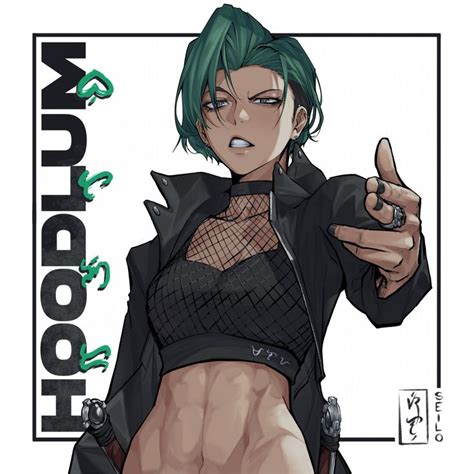 A Woman With Green Hair Pointing To The Side While Wearing A Black Jacket And Mesh Top