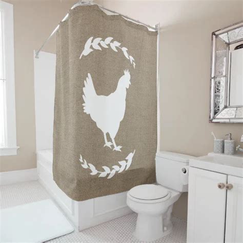 Farmhouse Rustic Faux Burlap Laurels White Hen Shower Curtain Zazzle