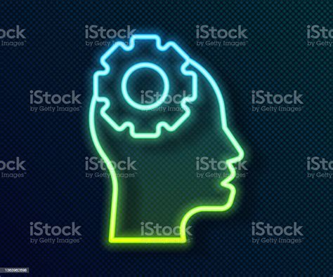 Glowing Neon Line Human Head With Gear Inside Icon Isolated On Black