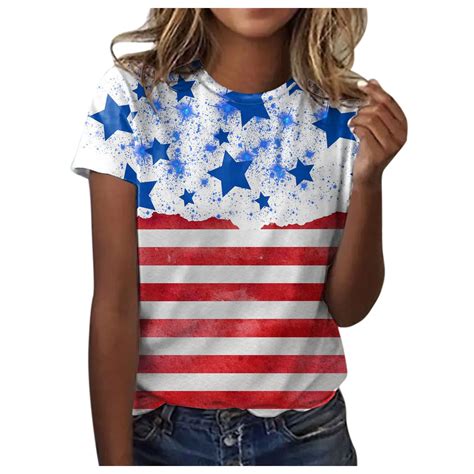 Niewtr Plus Size American Flag Shirt Women 4th Of July Tee Shirt Usa Stars Stripes T Shirt