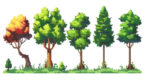 Set Of Different Pixel Art Trees Isolated On Transparent Background