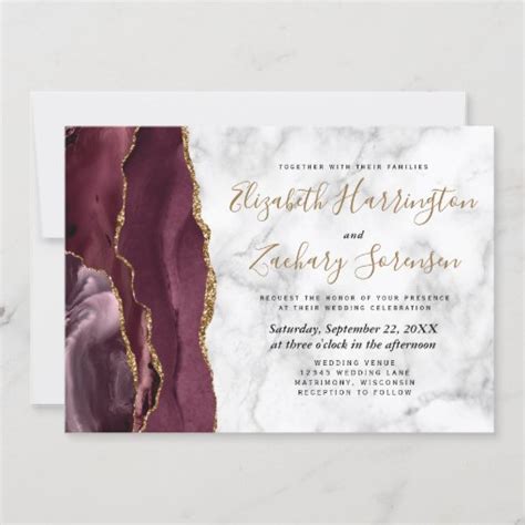 Modern Burgundy Gold Agate Marble Wedding Invitation Zazzle