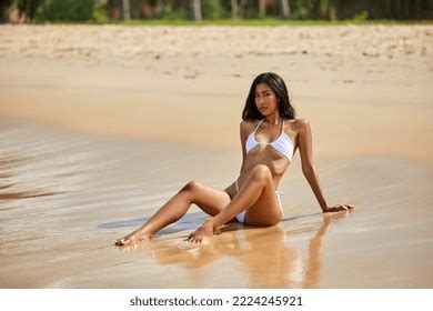 Beautiful Asian Girl White Bikini Sitting Stock Photo 2224245921