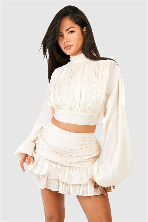 Shimmer Textured Pleat Front Volume Sleeve Blouse Boohoo Uk