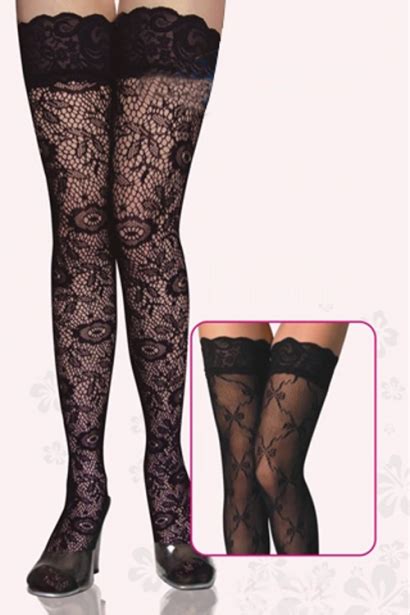 Black Floral Lace Thigh High Stockings With Wide Silicon Lacy Welts