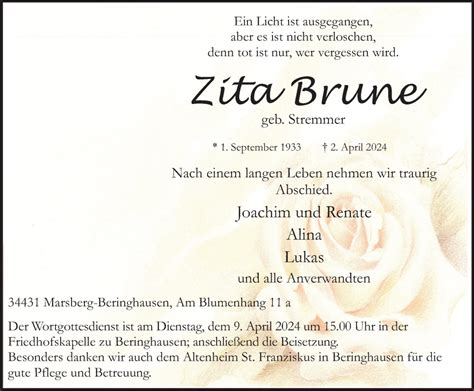 Traueranzeigen Von Zita Brune Trauer In NRW De