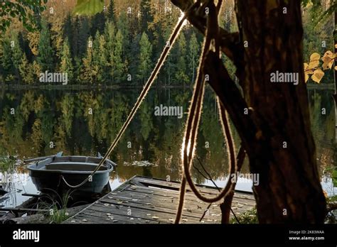 Pier on the Suna River in Karelia in autumn. The Republic of Karelia on ...