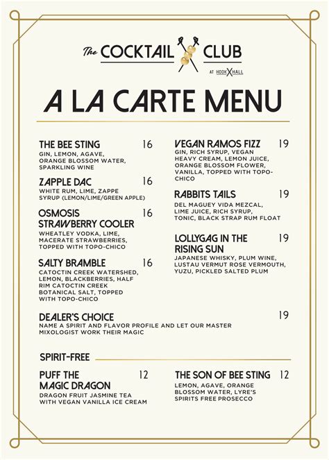 A La Carte Menu — The Cocktail Club