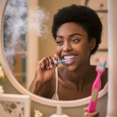 Premium Photo A Woman Brushing Her Teeth In Front Of A Mirror