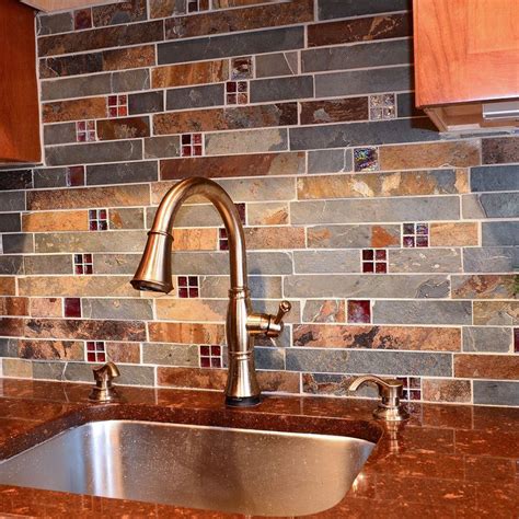 Rustic Slate And Glass Mixed Slate Subway Backsplash Tile Kitchen