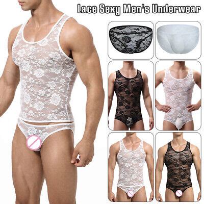 1pcs Mens Sexy Lingerie Lace Sheer Tank Tops Vests Boxer Briefs Set Bodysuits EBay