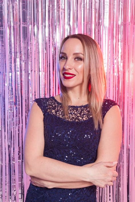 Beautiful Blonde Woman In The Disco Club Party Holidays And Celebration Concept Stock Photo